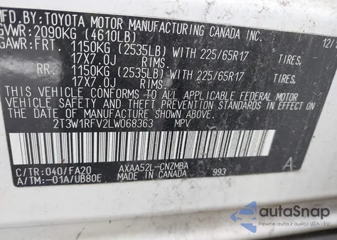 2020 Toyota Rav4 Xle from USA, damaged, VIN 2T3W1RFV2LW068363
